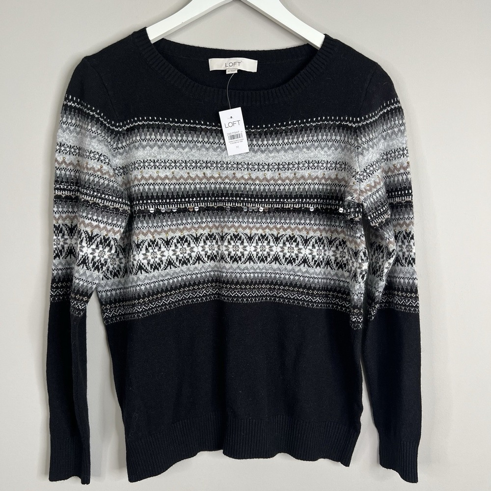 LOFT Neutral Womens Wool Blend‎ Sweater Womens M Elevated Knit Office Fair Isle